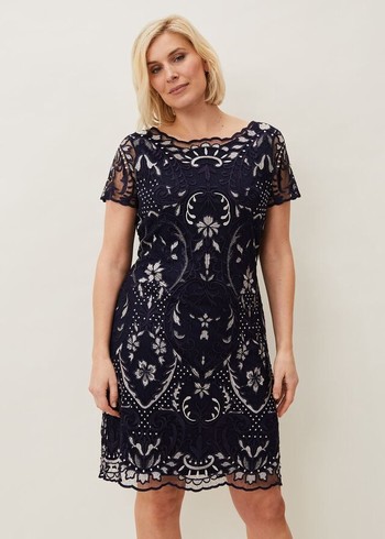 Phase Eight Lizzy Embroidered Dress Navy/White USA | 2390851-DG